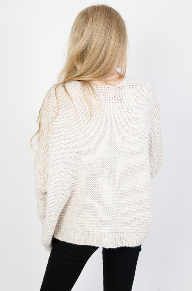 Beżowy sweter narzutka, z grubym przeplotem