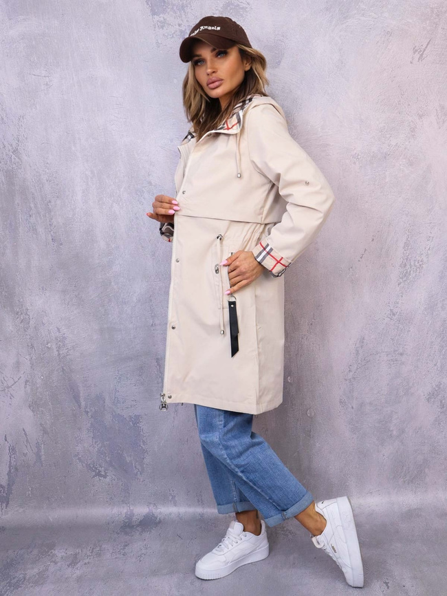 KURTKA PARKA Z KAPTUREM W KRATĘ- JASNOBEŻOWA