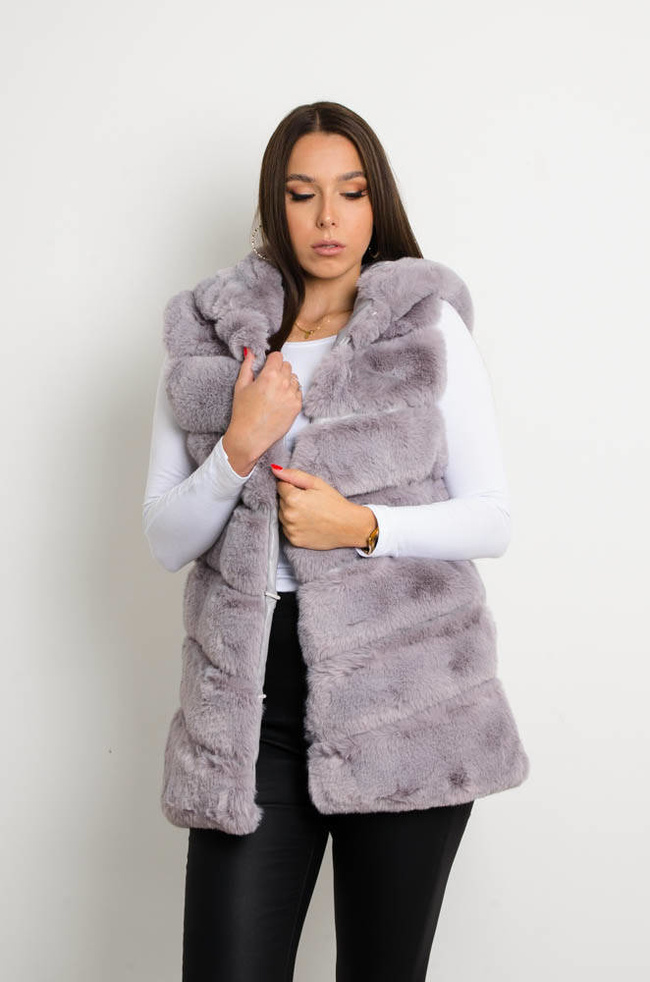SZARA FUTRZANA KAMIZELKA Z KAPTUREM
