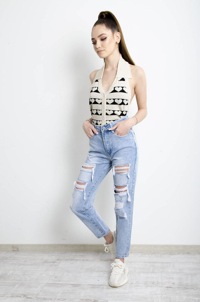 SPODNIE JEANSOWE MOM FIT Z DZIURAMI 
