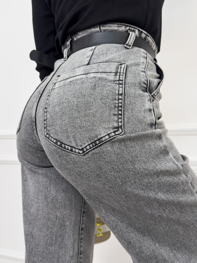 SPODNIE JEANSOWE Z WYSOKĄ TALIĄ I DŁUGIMI NOGAWKAMI + PASEK- SZARE