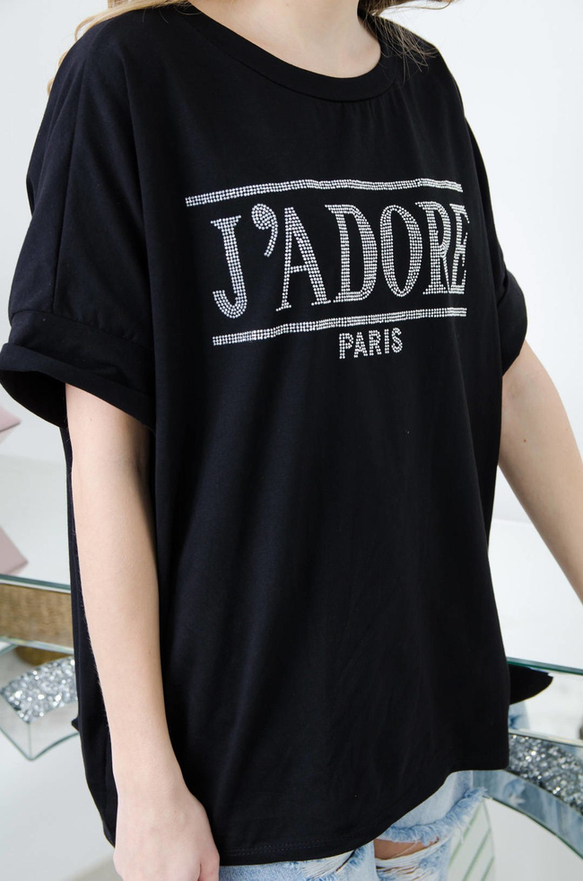 CZARNA BLUZKA OVERSIZE Z NAPISEM J'ADORE PARIS