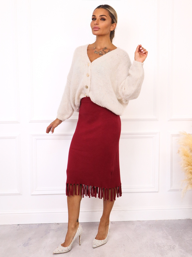 DZIANINOWA SPÓDNICA MIDI ZAKOŃCZONA FRĘDZLAMI-BORDOWA