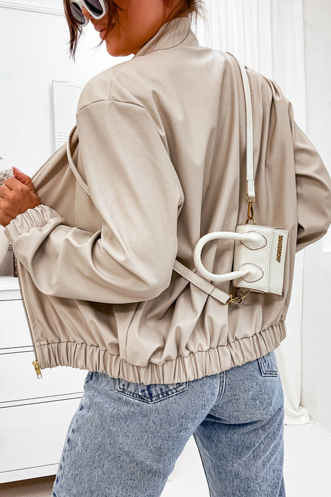 BLUZA SKAJKOWA Z ZAMKIEM I GUMĄ W PASIE- BEŻOWA