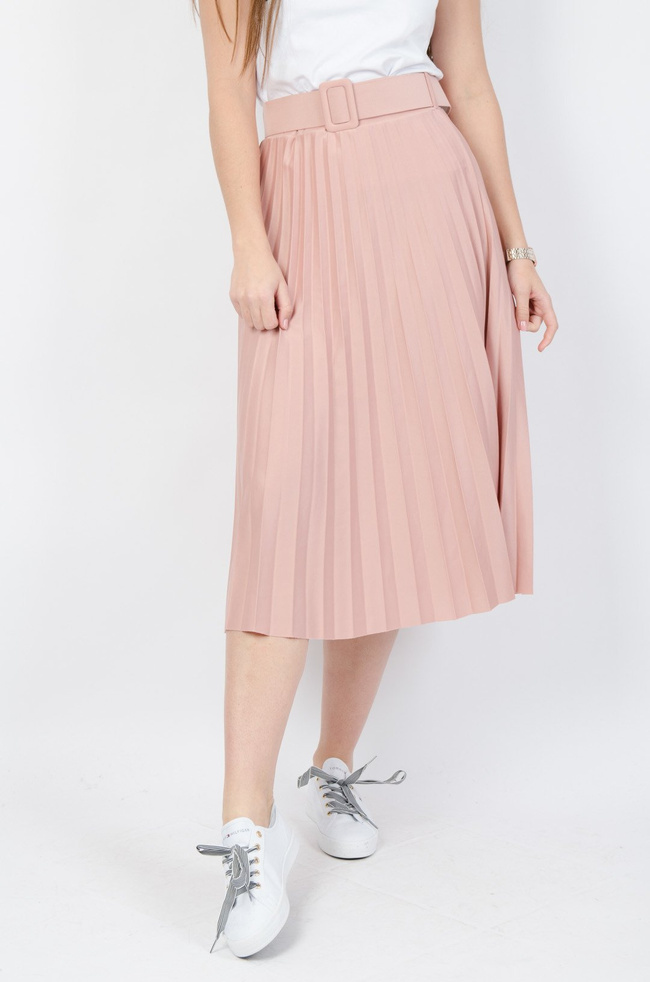 Różowa plisowana spódnica midi z paskiem