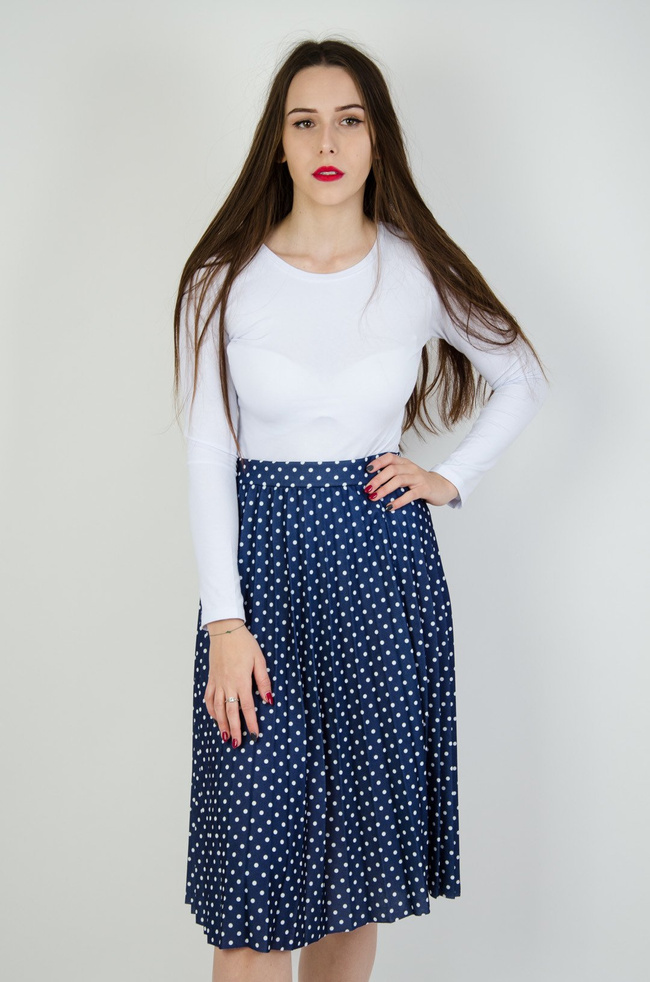 Granatowa plisowana spódnica w białe grochy