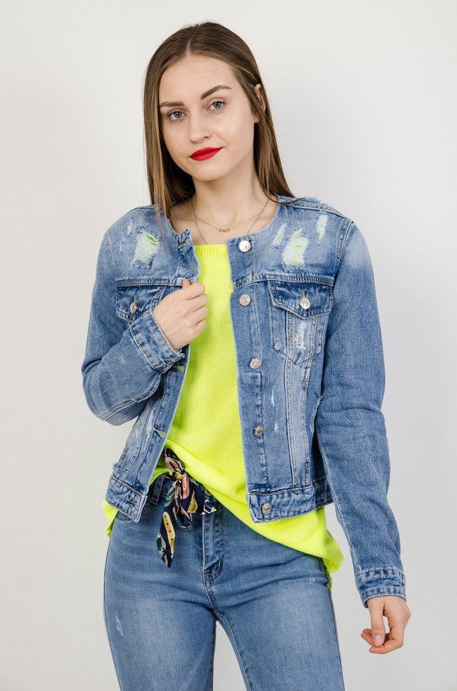 Kurtka jeansowa z przetarciami bez kołnierza