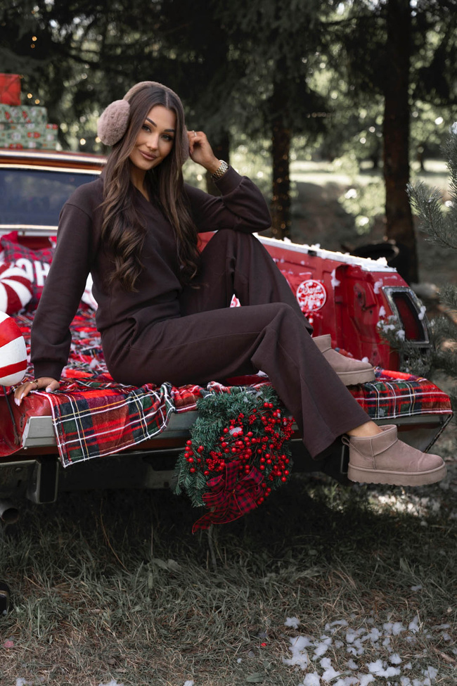 KOMPLET DZIANINOWY SWETERKOWA BLUZA+ SPODNIE- CZEKOLADOWY