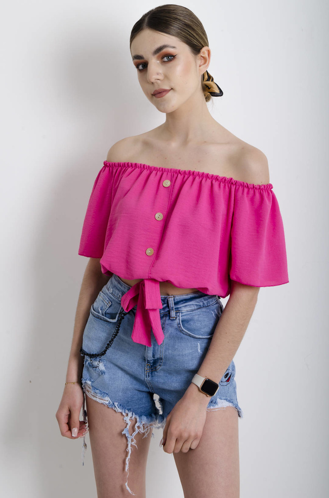 BLUZKA HISZPANKA Z WIĄZANIEM - CIEMNO-RÓŻOWA