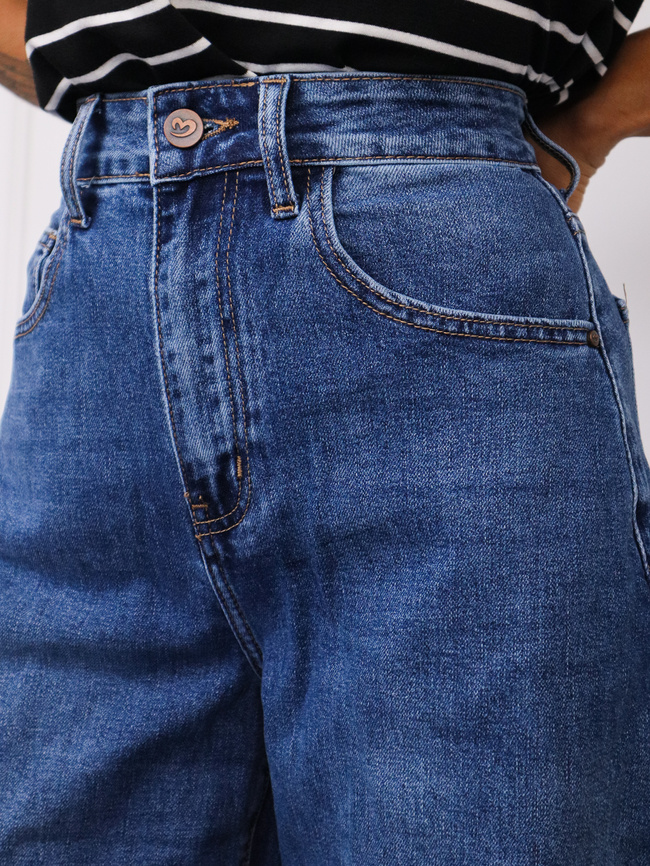 SPODNIE JEANSOWE WIDE Z PRZECZYCIAMI NA NOGAWCE- GRANATOWE