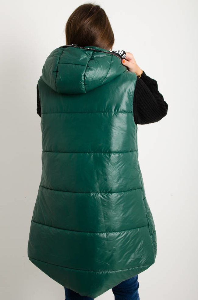 DŁUGA ASYMETRYCZNA KAMIZELKA Z OZDOBNYM PASEM- ZIELONA