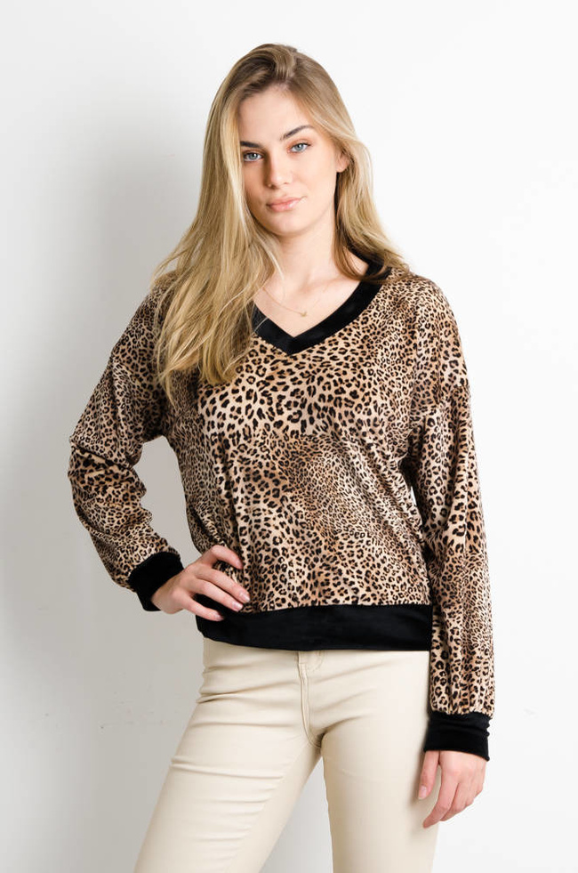 BEŻOWA WELUROWA BLUZA W PANTERKĘ