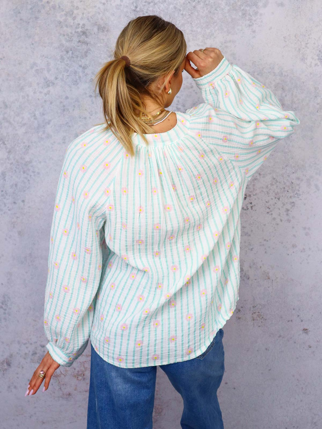 BLUZKA KOSZULOWA W PASKI I KWIATKI- ZIELONA