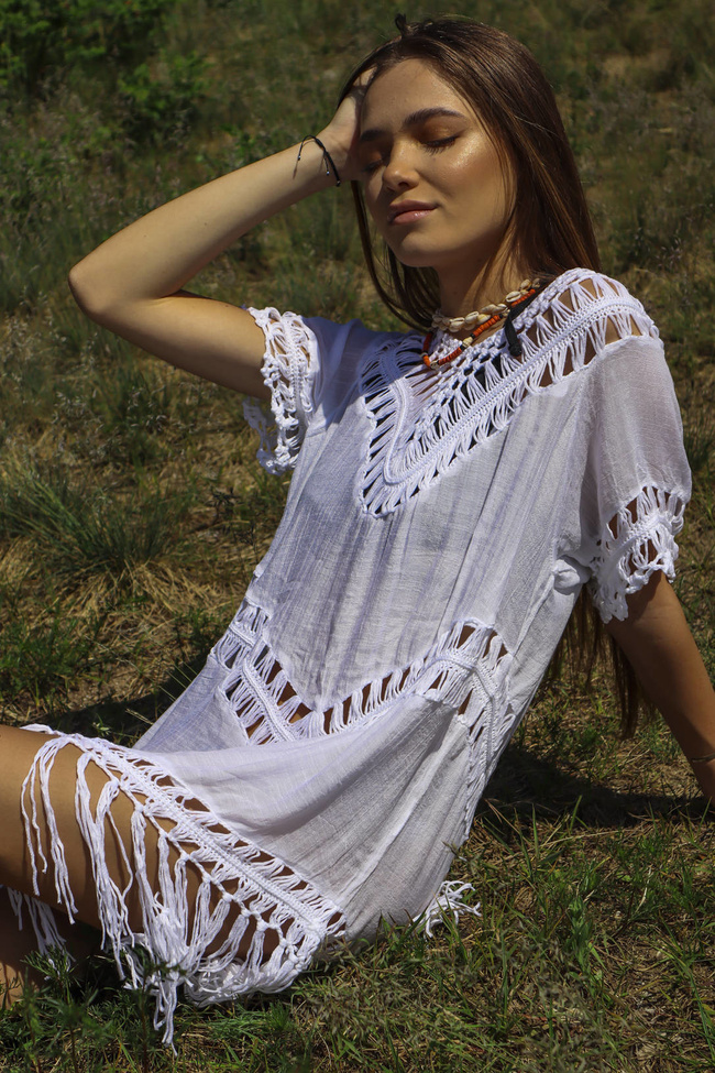 TUNIKA AŻUROWA  Z FRĘDZLAMI - BIAŁA 