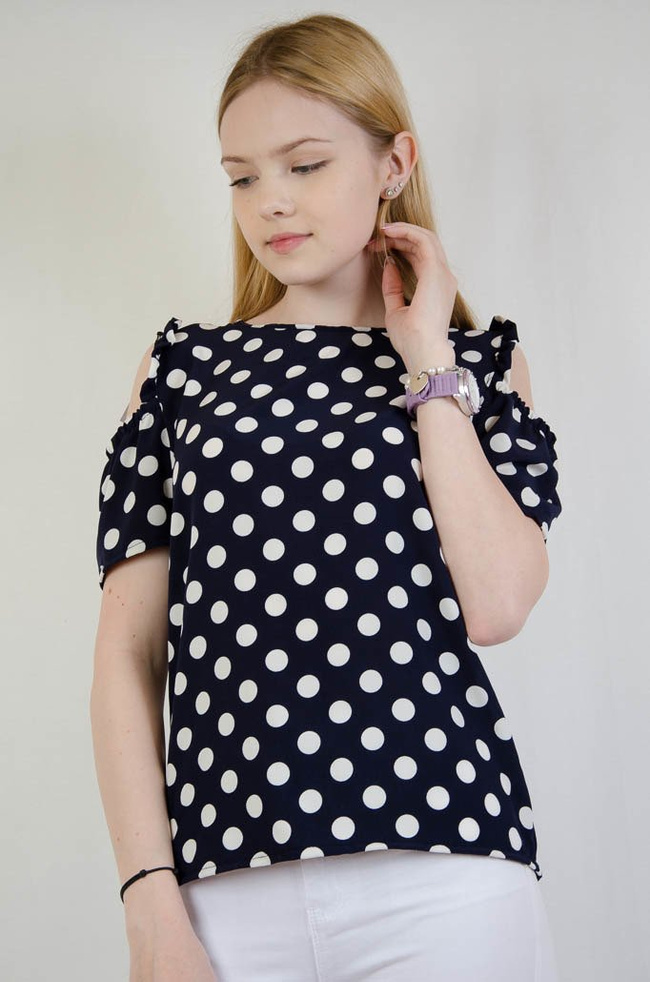 Granatowa bluzka w białe grochy