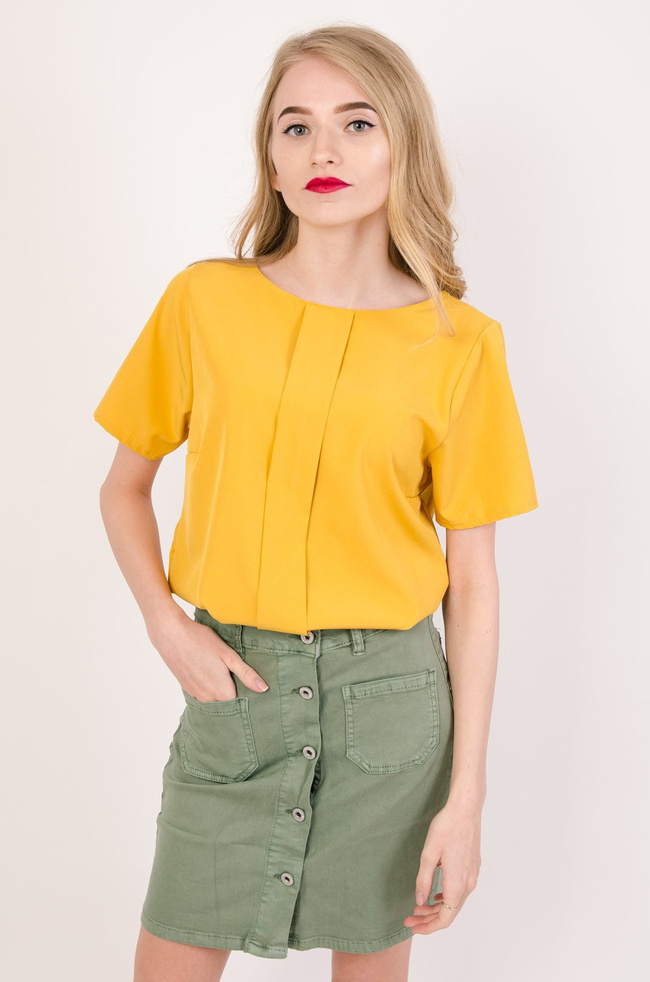 Żółta bluzka z zakładką oraz gumką na dole