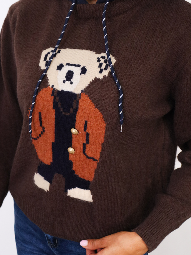 SWETER Z MISIEM Z PRZODU I KAPTUREM- CZEKOLADOWY