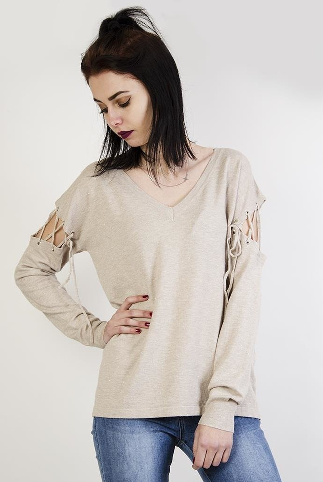 Beżowy sweterek z wiązaniami przy ramionach
