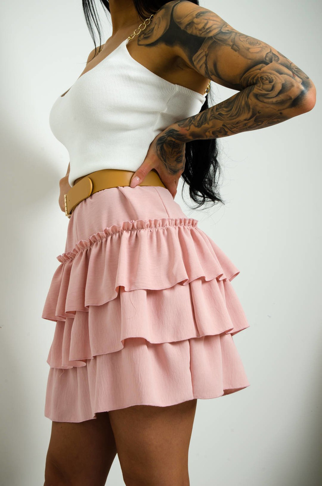 PUDROWO-RÓŻOWA SPÓDNICA MINI Z FALBANAMI 