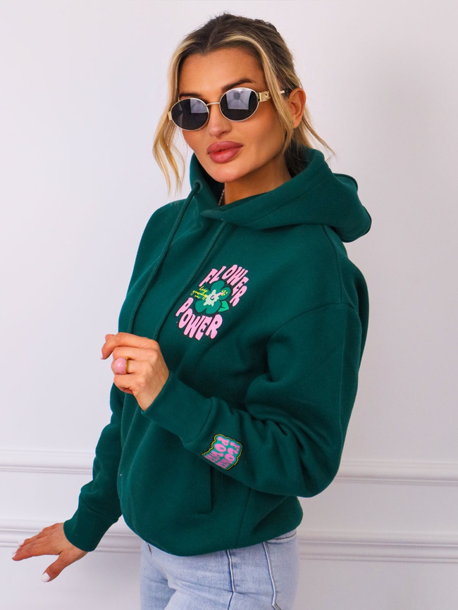 BLUZA Z KAPTUREM Z APLIKACJĄ Z PRZODU I NA PLECACH- ZIELONA
