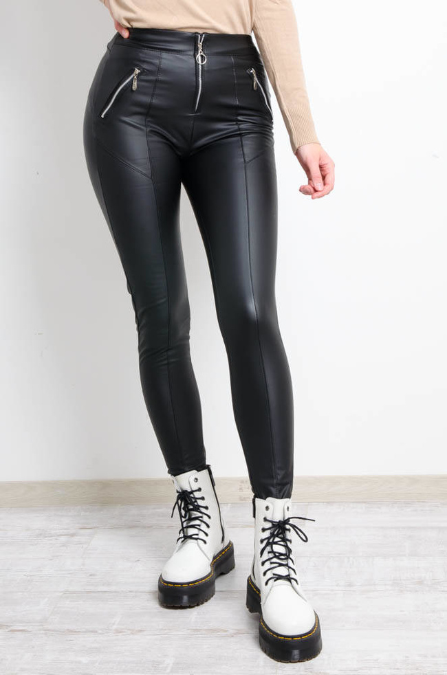 CZARNE WOSKOWANE LEGGINSY Z PRZESZYCIAMI- WYSOKI STAN