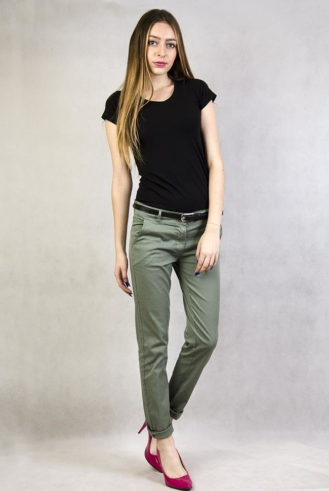 Khaki eleganckie spodnie z czarnym paskiem