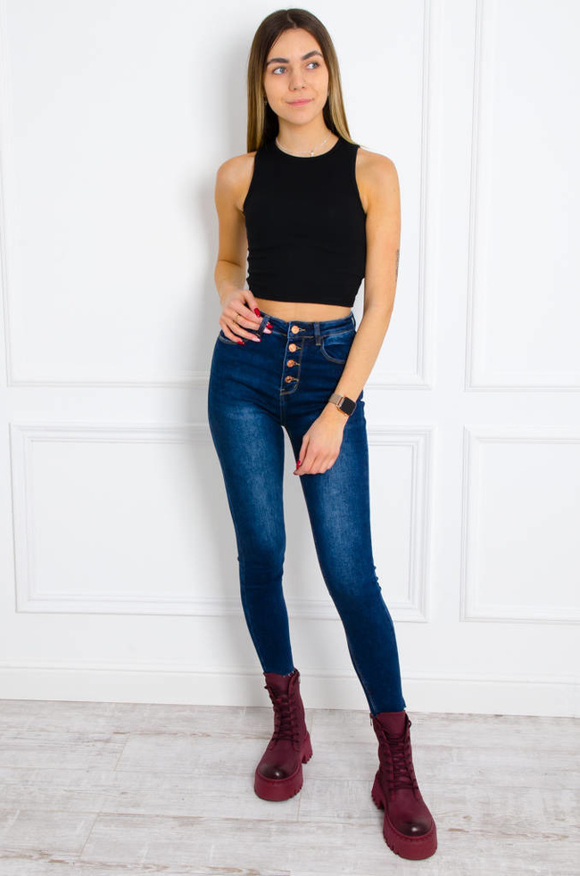 SPODNIE JEANSOWE SKINNY Z GUZIKAMI- CIEMNY JEANS