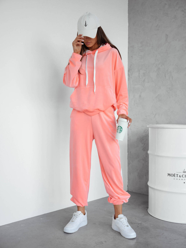 KOMPLET WELUROWY BLUZA+ SPODNIE Z KONTRASTOWYMI LAMPASAMI-BRZOSKWINIOWY