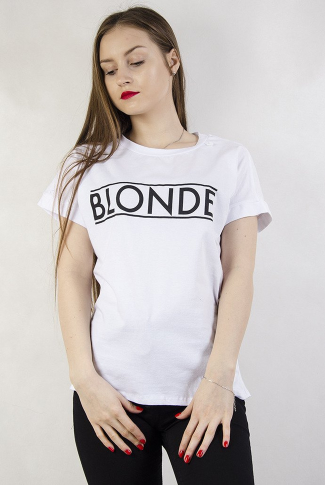 Biała bluzka z napisem " Blonde"