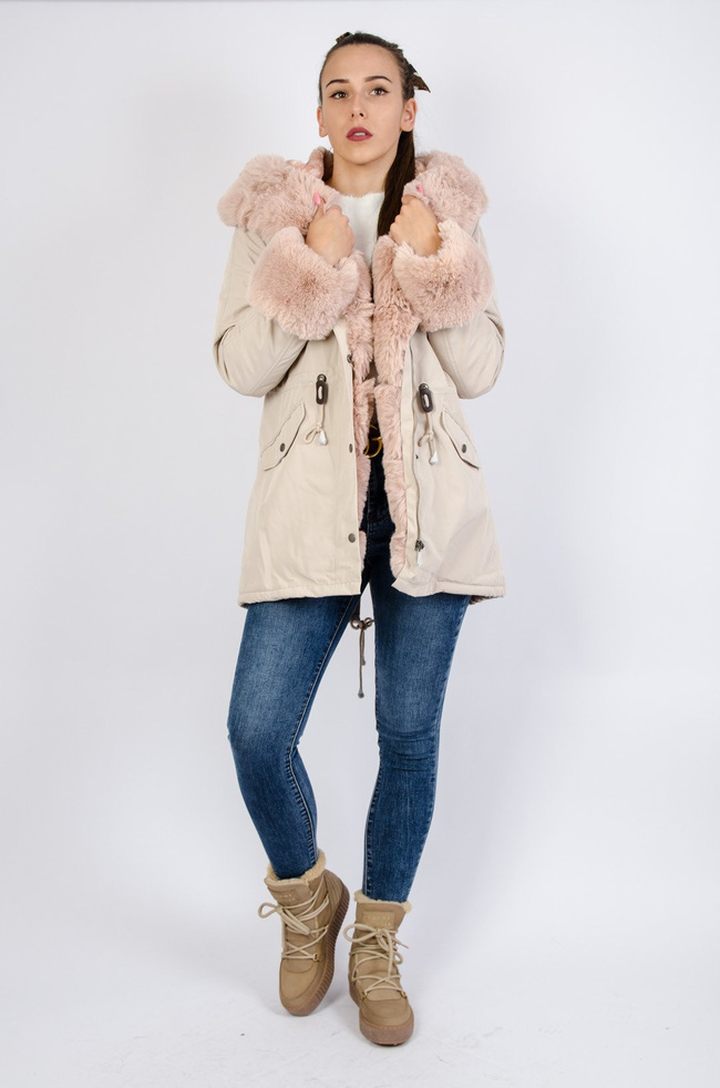 Beżowa kurtka parka z różowym futerkiem