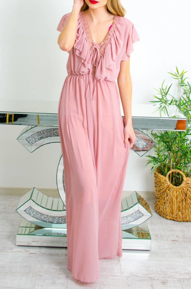 DŁUGA ELEGANCKA SUKIENKA MAXI Z ŻABOTEM - BRUDNY RÓŻ