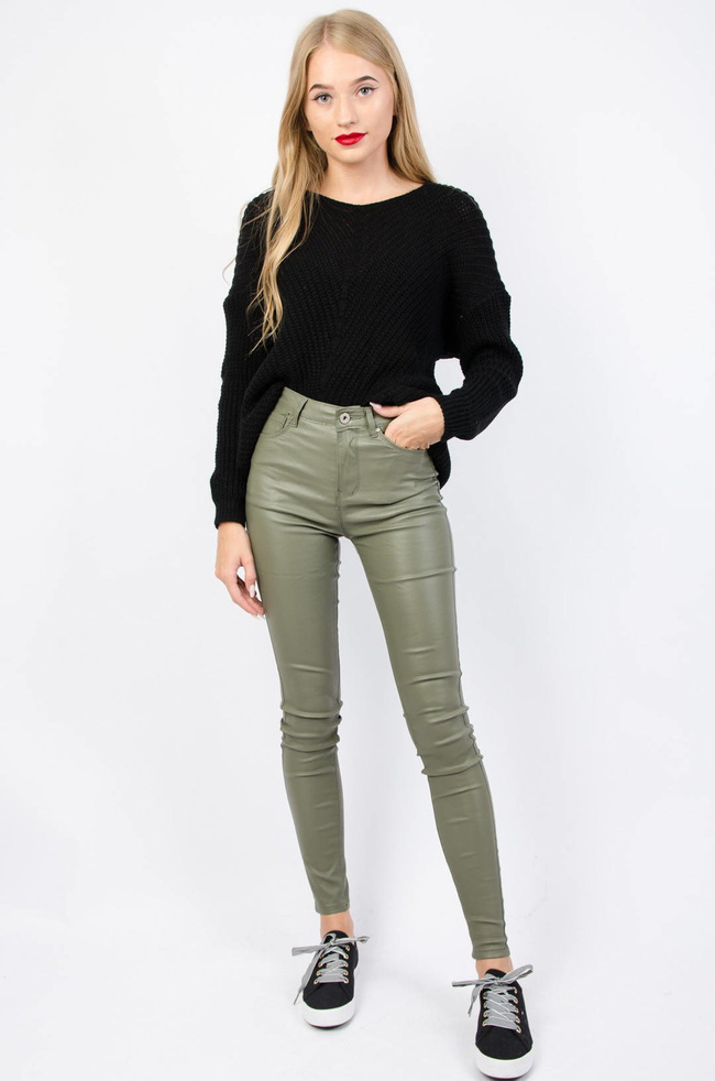 ZIELONE SPODNIE WOSKOWANE Z WYSOKIM STANEM- IMITACJA SKÓRY