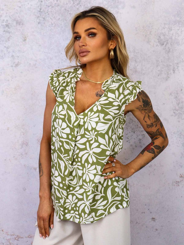 BLUZKA WZORZYSTA Z FALBANKAMI- ZIELONA