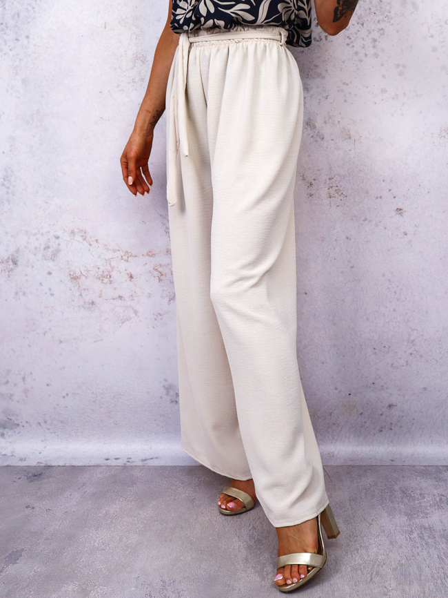 SPODNIE SZEROKIE Z GUMĄ I WIĄZANIEM W PASIE- BEŻOWE