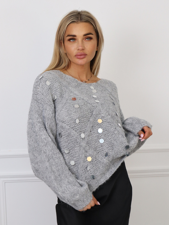 SWETER ONE SIZE Z OZDOBNĄ MIENIACĄ SIĘ APLIKACJĄ-SZARY