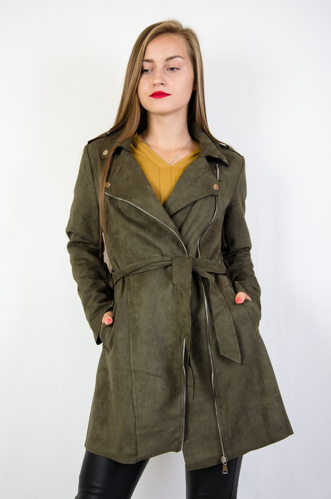 Zielony zamszowy płaszcz zapinany na zamek