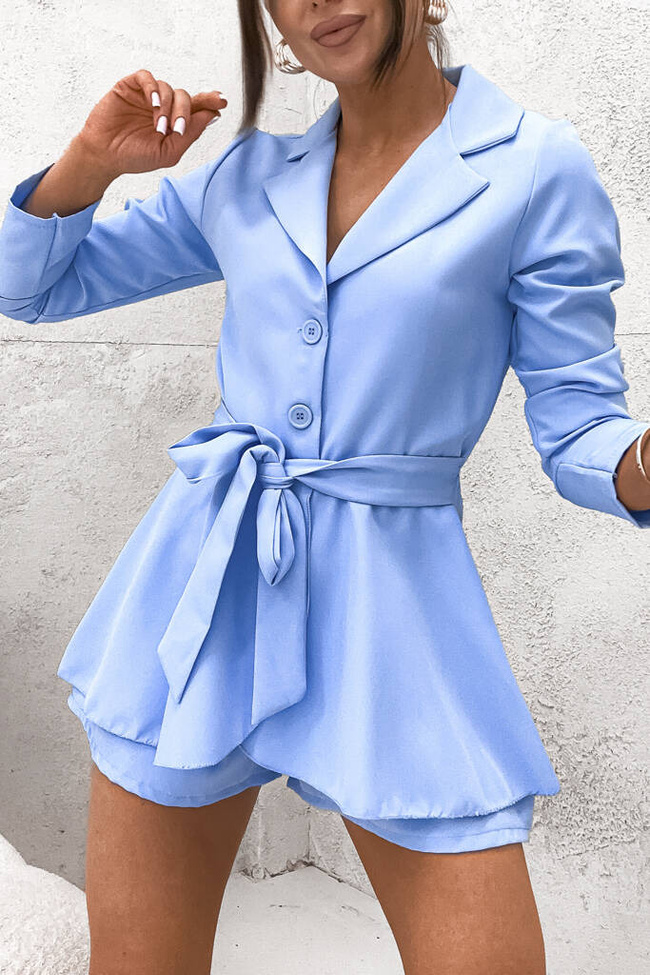 KOMBINEZON WIĄZANY W PASIE ZAPINANY NA GUZIKI- NIEBIESKI