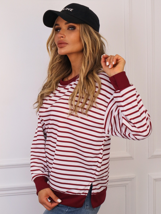 BLUZA BAWEŁNIANA OVERSIZE W PASKI -BORDOWA