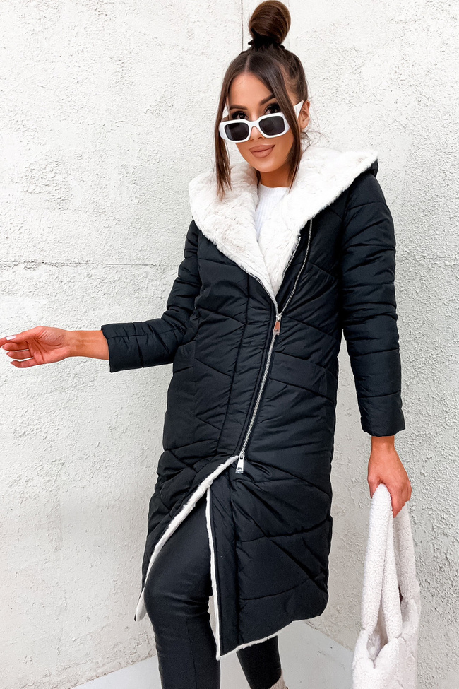 DŁUGA DWUSTRONNA KURTKA Z FUTERKIEM- CZARNA
