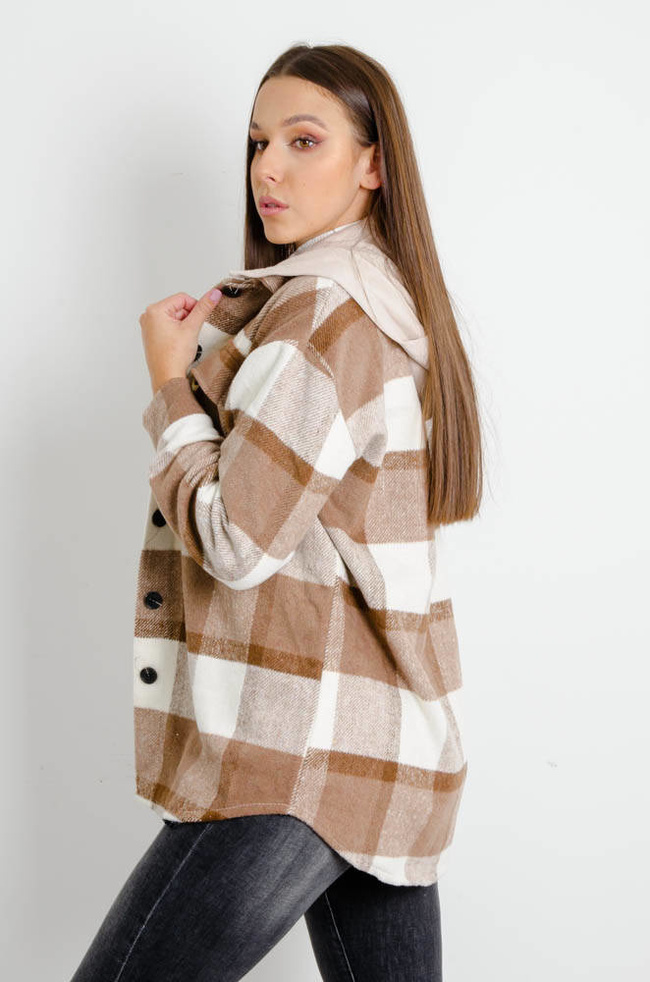BRĄZOWA KURTKA KOSZULA W KRATĘ Z KAPTUREM