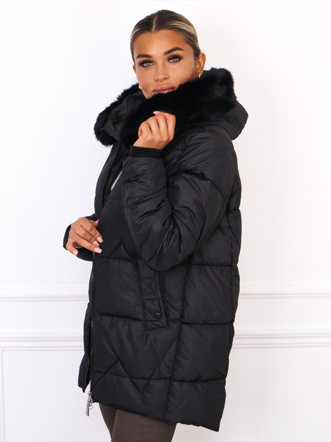 KURTKA PIKOWANA Z FUTERKIEM PRZY KAPTURZE- CZARNA