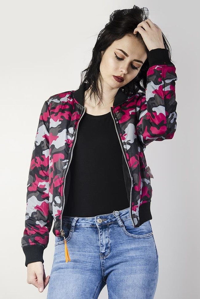 Dwustronna kurtka bomberka czarna/różowe moro