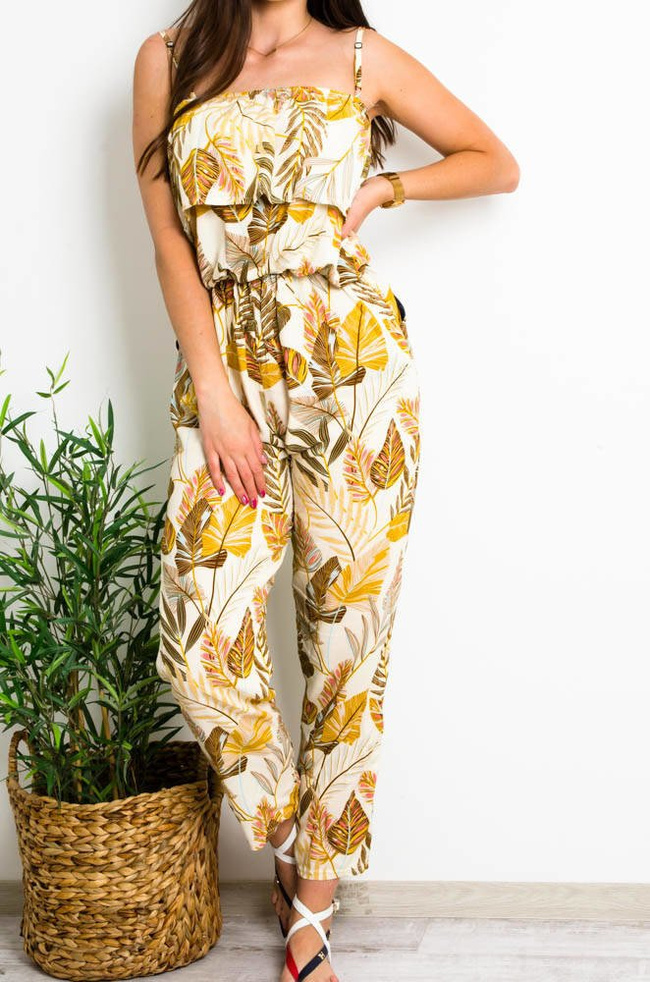 BEŻOWY KOMBINEZON W KWIATY Z HISZPAŃSKIM DEKOLTEM
