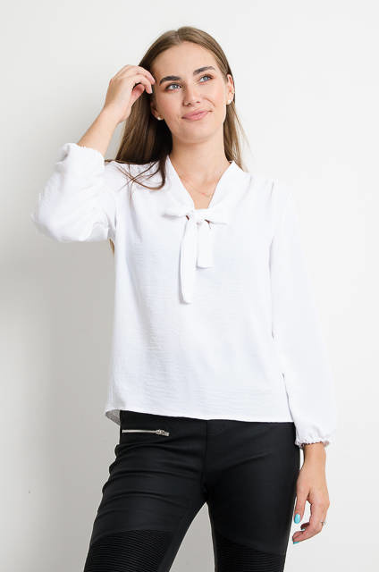 BIAŁA BLUZKA NA DŁUGI RĘKAW Z WIĄZANIEM PRZY DEKOLCIE