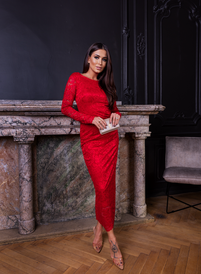 KORONKOWA SUKIENKA MAXI Z WYCIĘCIEM Z TYŁU- CZERWONA