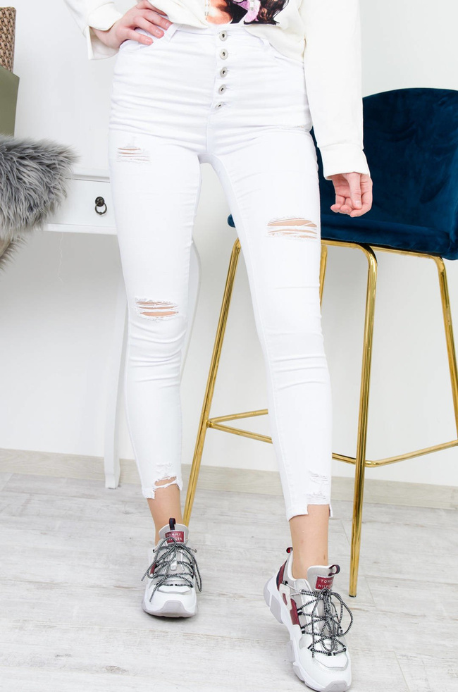 BIAŁE PRZYLEGAJĄCE SPODNIE Z GUZIKAMI - WYSOKI STAN