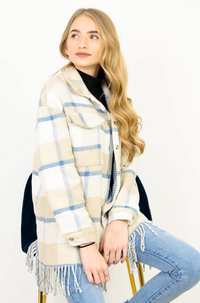 BEŻOWO-NEBIESKO-BIAŁY PŁASZCZ W KRATĘ Z FRĘDZLAMI 