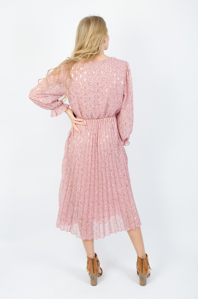 RÓŻOWA SUKIENKA W KWIATY Z PLISOWANYM DOŁEM 