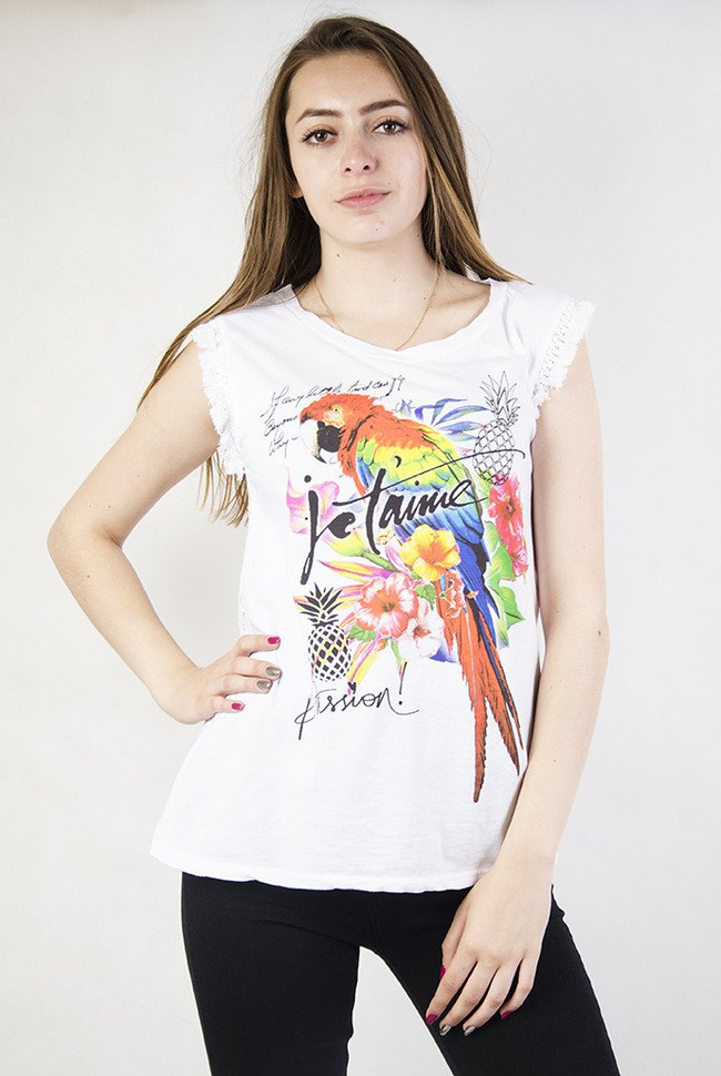 Biała bluzka bez rękawów z kolorowym nadrukiem