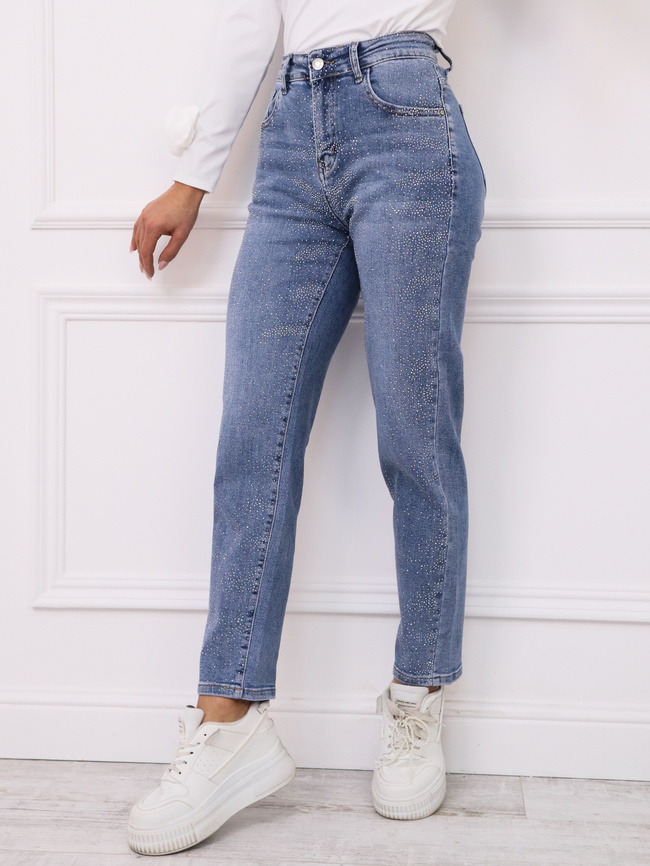SPODNIE JEANSOWE MOM FIT ZDOBIONE CYRKONIAMI- NIEBIESKIE